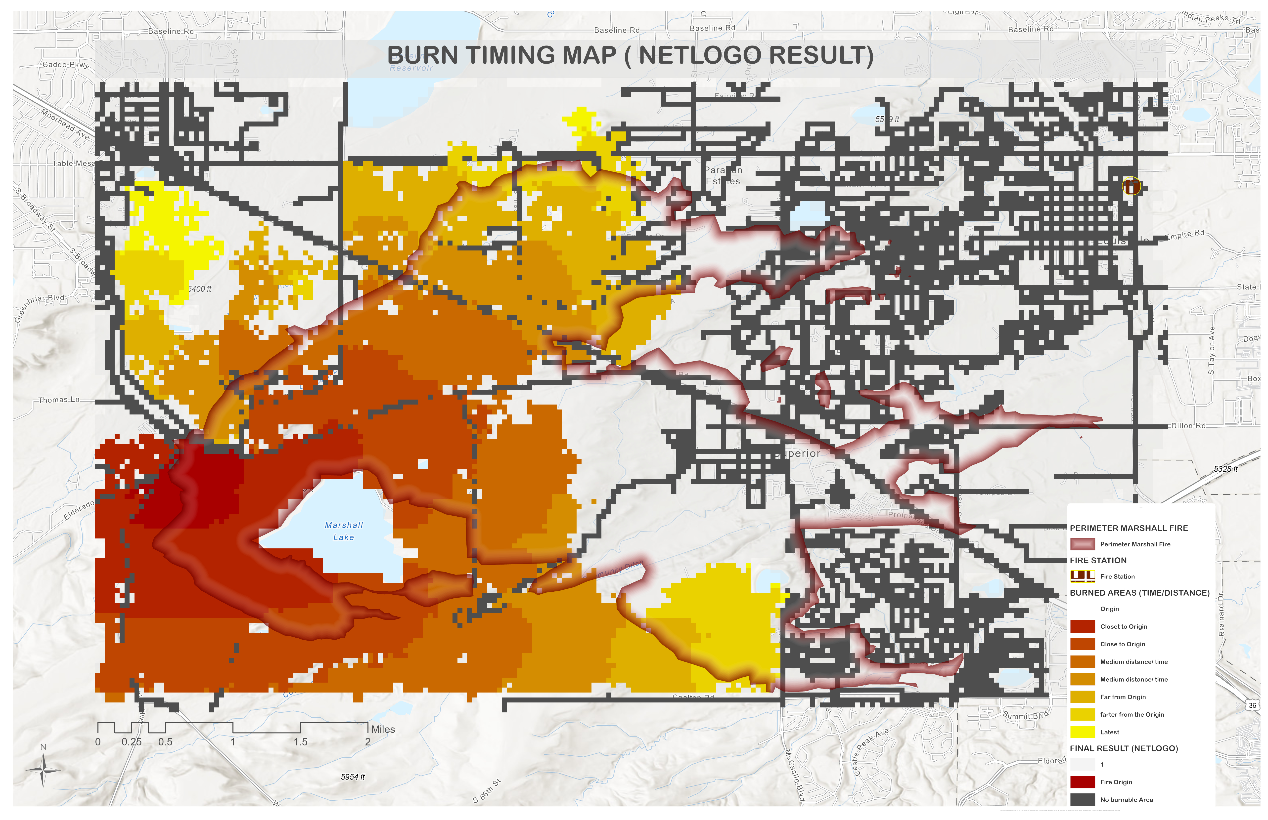 ArcGIS Pro burn timing map — Marshall Fire ABM output